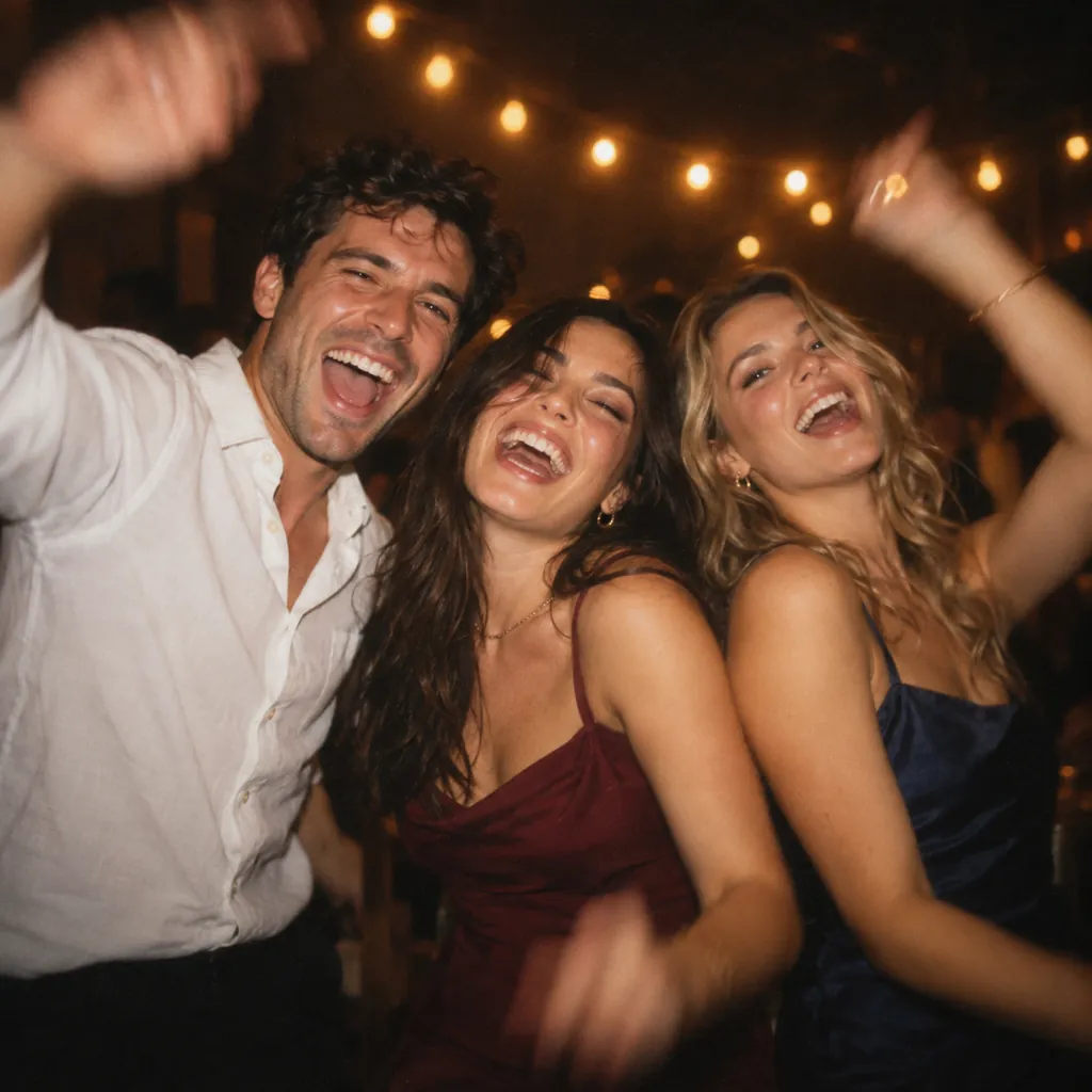 Three friends dancing with their arms up under string lights