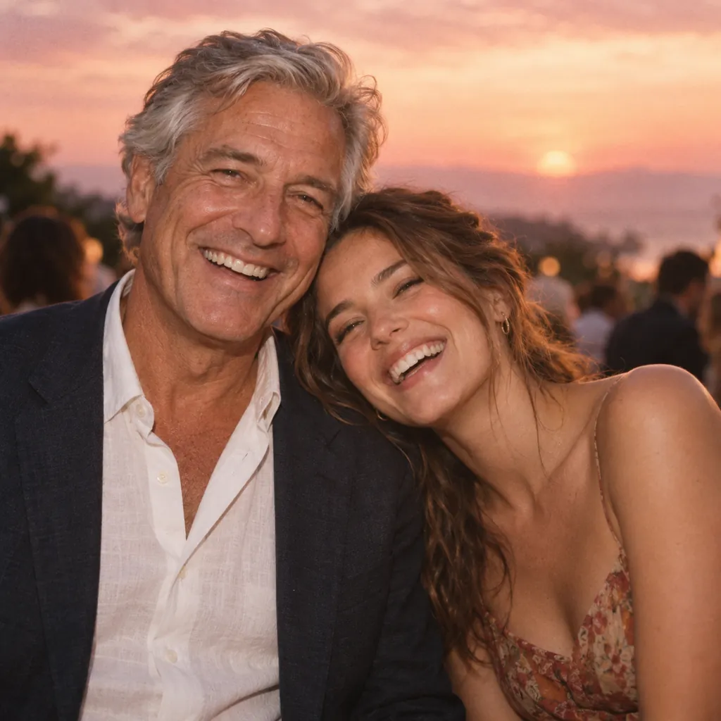 A father and daughter laughing together at a sunset party