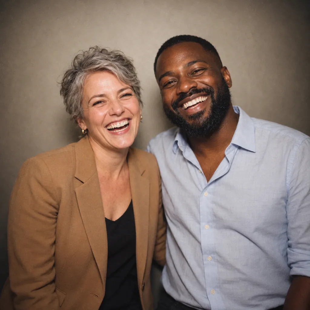Two colleagues laughing together at a company event