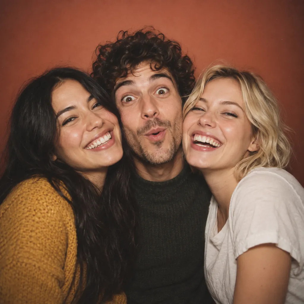 Three friends squeezed into the frame, one pulling a surprised face