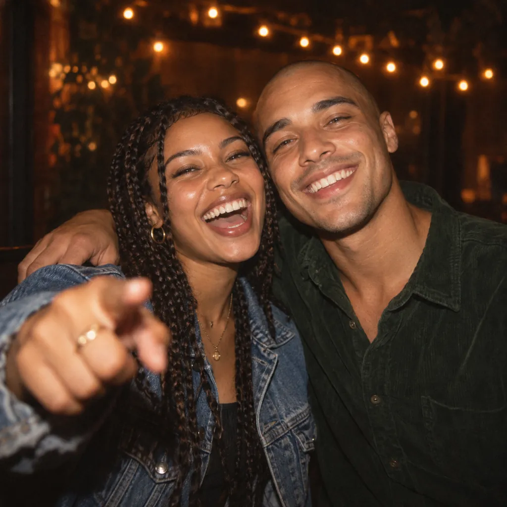 Two friends under string lights, one pointing at the camera