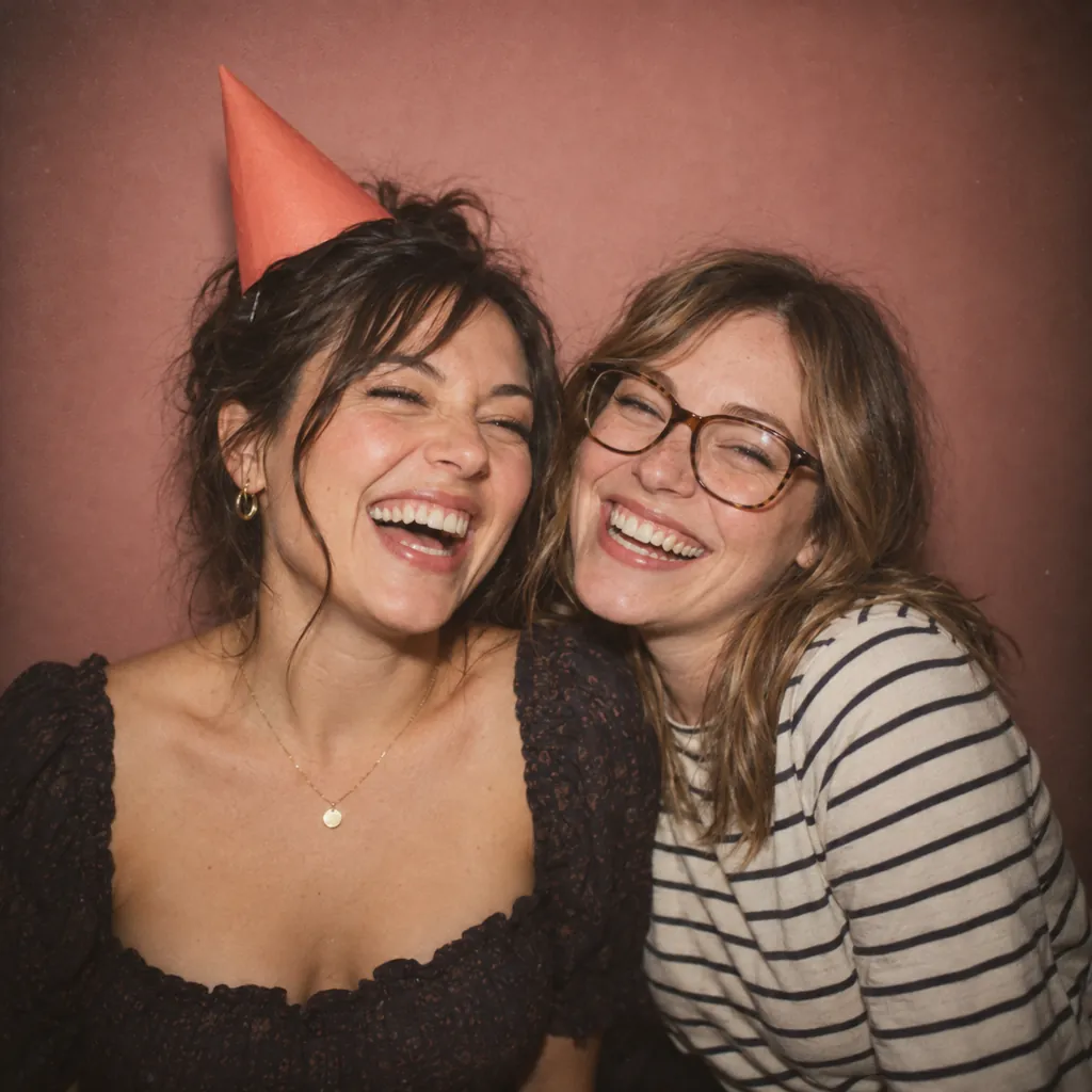 Two friends laughing, one wearing a paper party hat