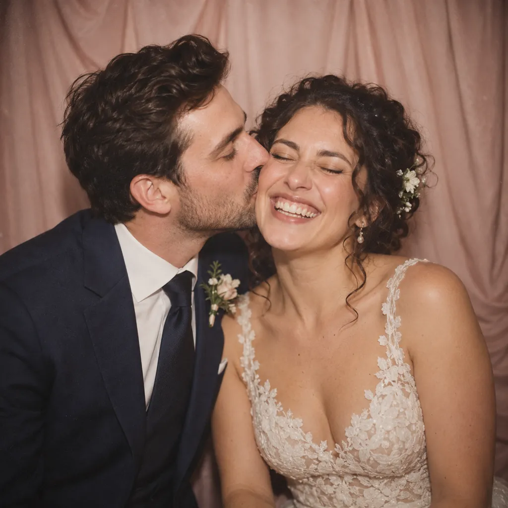 A groom kissing his laughing bride on the cheek against a blush drape
